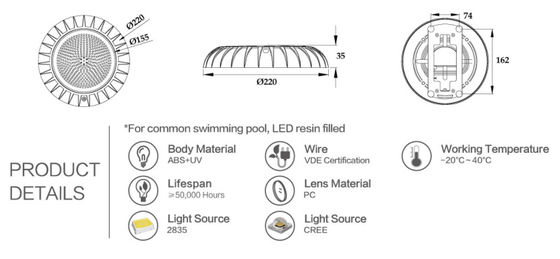 Nhựa ABS + UV IP68 12V 18W led đèn hồ bơi inground
