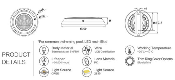 Đèn hồ bơi dưới nước 300mm Dia SS304 18W
